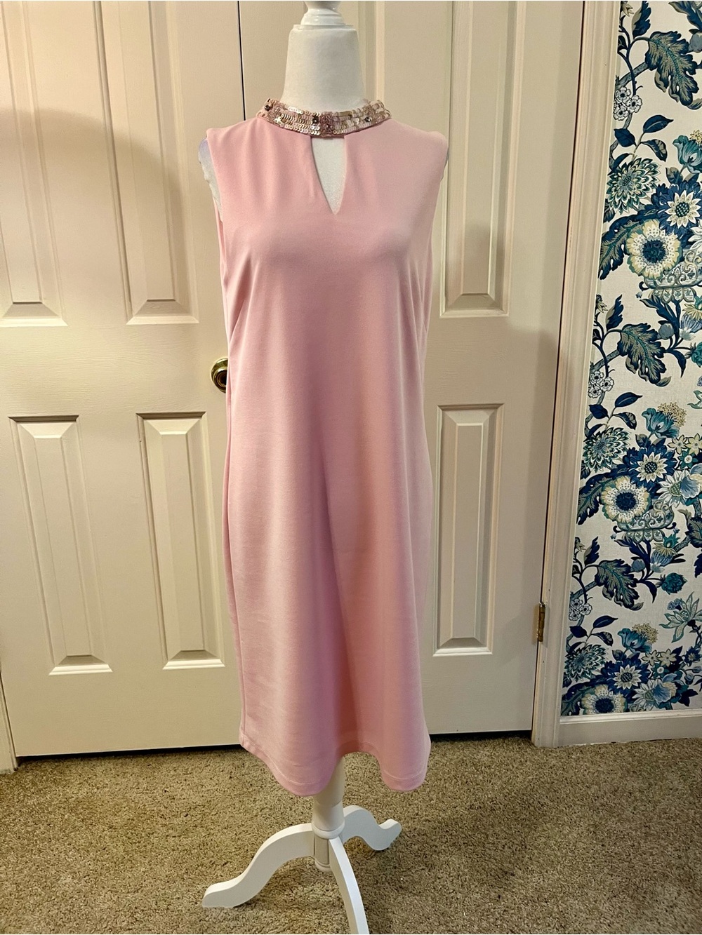 Nine West Pink Sleeveless Midi Dress with Beaded Neckline